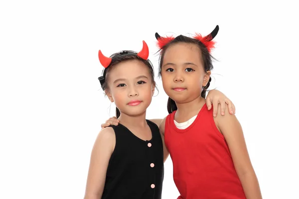 Scary cute little asian girl best friend in black and red Hallow — Stock Photo, Image