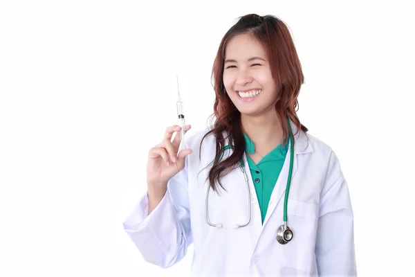 Woman doctor with syringe isolated white background — Stock Photo, Image