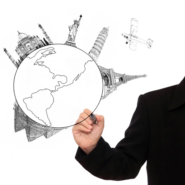 Businessman hand drawing world on white background — Stock Photo, Image