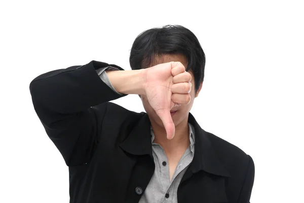 Podnikatel ukazuje palec dolů k odmítnutí — Stock fotografie