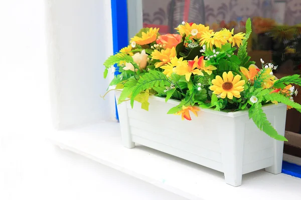 Decorated flower pot on window — Stock Photo, Image