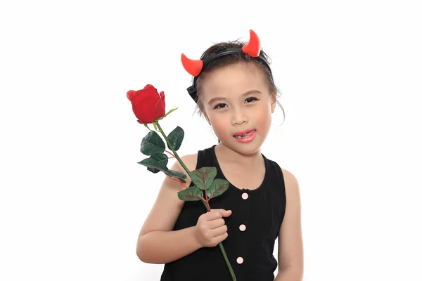 Scary cute little asian girl in black Halloween costume — Stock Photo, Image