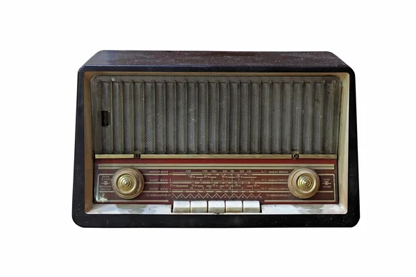 Rádio de madeira retro grungy no fundo branco isolado — Fotografia de Stock