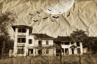 buruşuk kağıt üzerinde ayın altında gizemli ev