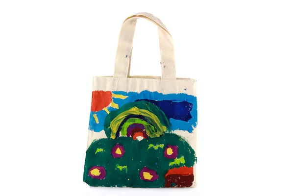 White cotton bag with nature paint by child — Stock Photo, Image