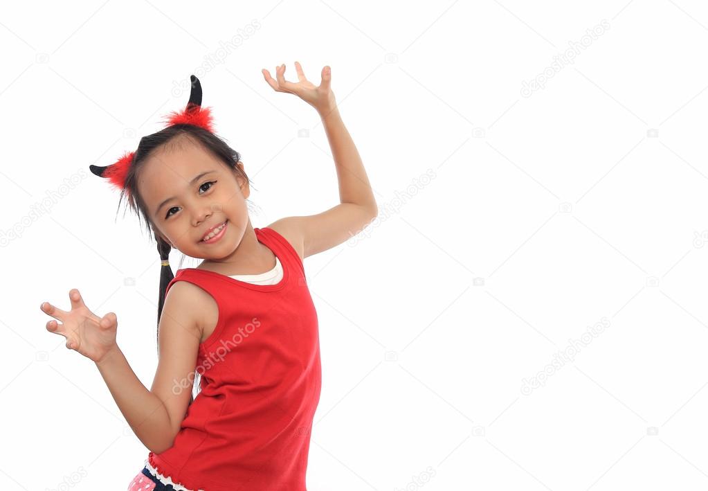 Scary cute little asian girl in red Halloween costume