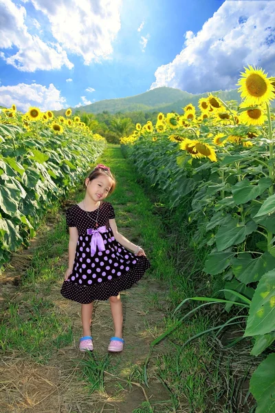 Cute little happy asian girl with sunflower in summer field — Stock Photo, Image