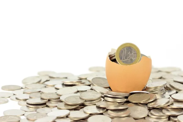 Broken eggshell on coins — Stock Photo, Image