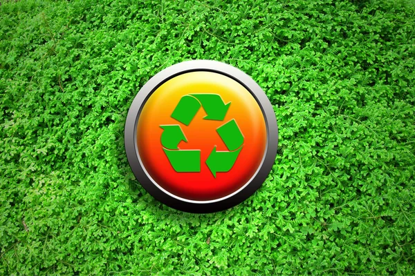 Återvinna knappen på grön mossa textur bakgrund — Stockfoto