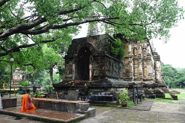 Buddhistischer Mönch betet Pagode unter dem Bodhi-Baum — Stockfoto