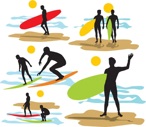 Set vector surfistas siluetas — Archivo Imágenes Vectoriales