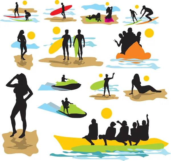 Встановити векторні силуети на пляжі Стокова Ілюстрація