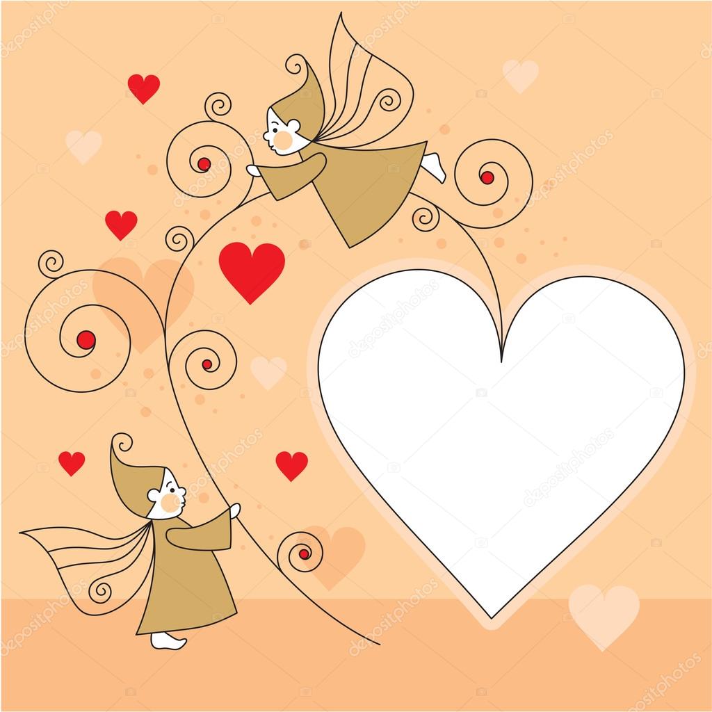 Greeting card with elves and hearts