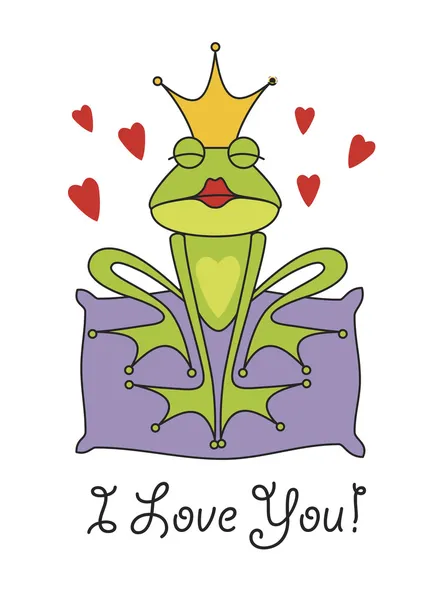 Tarjeta de felicitación del día de San Valentín con la rana príncipe — Vector de stock