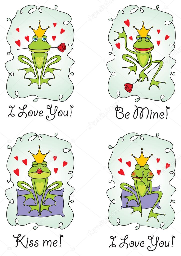 Set valentine's day greeting card with frog prince