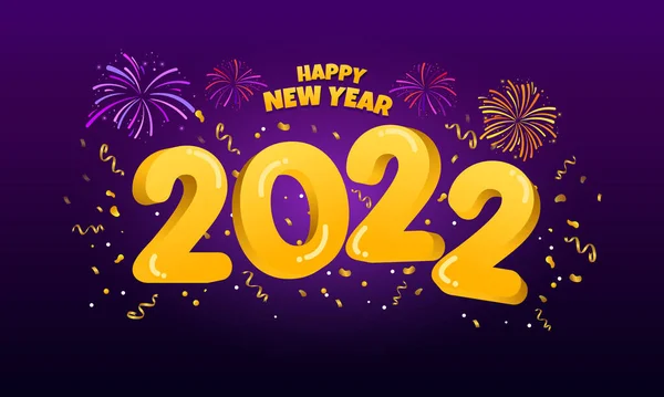Happy New Year 2022 Golden Numbers Ribbons Confetti Dark Purple — 图库矢量图片