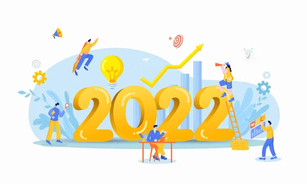 2022年の新年 2022年事業目標コンセプトイラスト ビジネスマンは虫眼鏡を保持し チャートや図をチェックし ロケットで飛行し 新年のための新しい機会を求めています — ストックベクタ