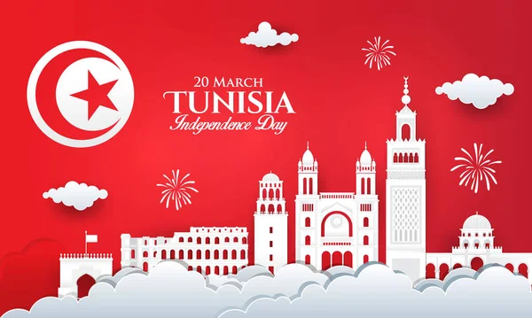 Wektor Ilustracji Obchodów Dnia Niepodległości Tunezji Panoramą Miasta Stylu Cięcia — Wektor stockowy
