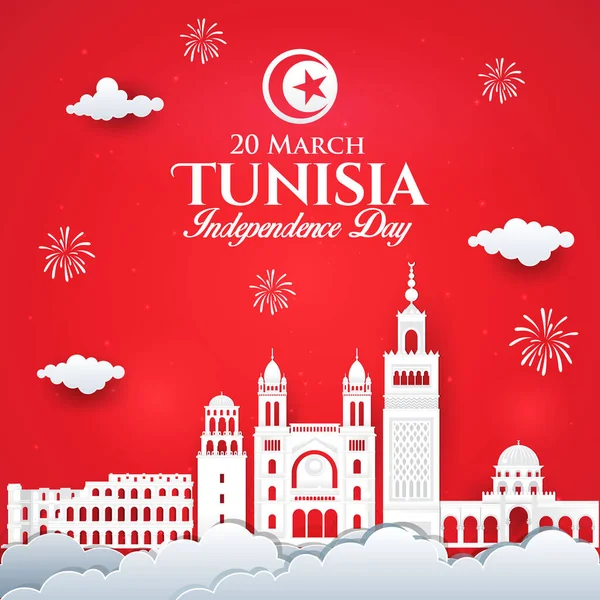 Ilustração Vetorial Celebração Dia Independência Tunísia Com Horizonte Cidade Estilo —  Vetores de Stock