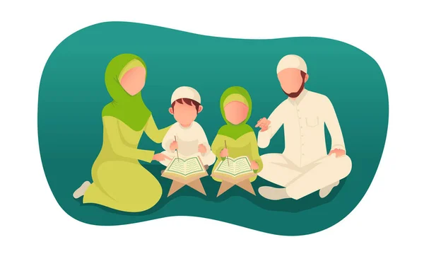 Muzułmański Rodzic Uczy Świętego Koranu Dla Swoich Dzieci Izolowany Białym — Wektor stockowy
