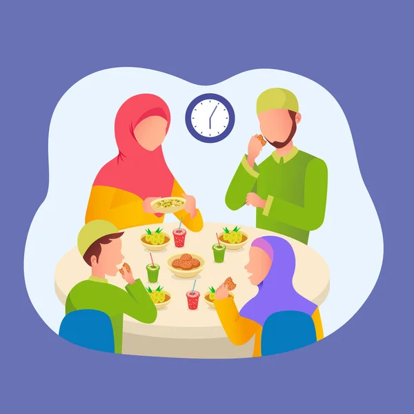 Muselman Familj Äta Iftar Efter Fasta Ramadan Familjesammankomst Äta Middag — Stock vektor