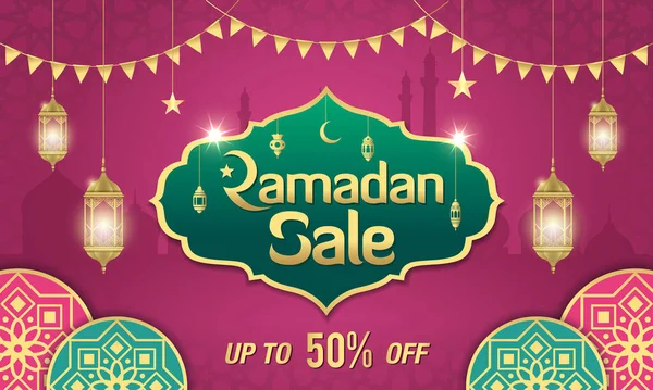 Ramadán Venta Encabezado Web Diseño Banner Con Marco Dorado Brillante — Vector de stock