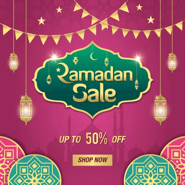 Ramadan Vendita Intestazione Web Banner Design Con Cornice Dorata Lucida — Vettoriale Stock
