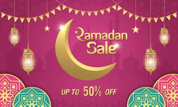 Ramadán Venta Encabezado Web Diseño Banner Con Luna Creciente Dorada — Archivo Imágenes Vectoriales