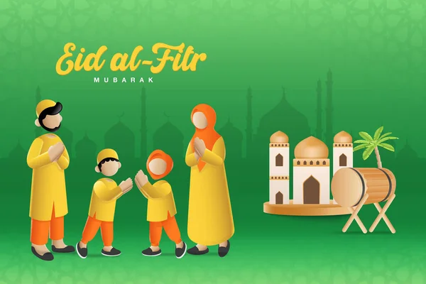 Tarjeta de felicitación Eid al fitr mubarak. Dibujos animados de la familia musulmana bendición Eid al fitr con mezquita en el fondo — Vector de stock