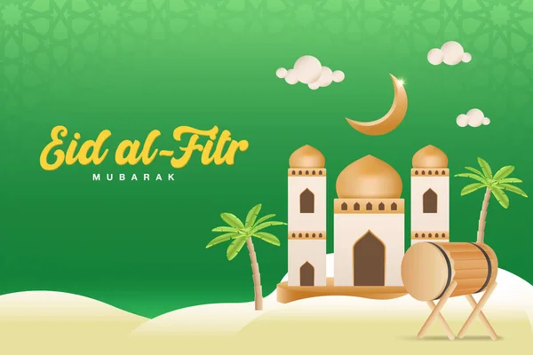 Tarjeta de felicitación Eid al fitr mubarak. tarjeta de felicitación eid mubarak con mezquita y tambor islámico en el desierto árabe — Archivo Imágenes Vectoriales