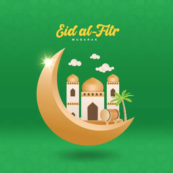 Tarjeta de felicitación Eid al fitr mubarak. luna creciente con la ilustración colgante vector mezquita — Vector de stock