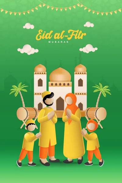 Tarjeta de felicitación Eid al fitr mubarak. Dibujos animados de la familia musulmana bendición Eid al fitr con mezquita en el fondo — Vector de stock