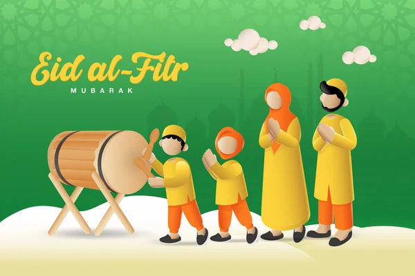 Tarjeta de felicitación Eid al fitr mubarak. familia musulmana celebrando Eid al fitr con un niño tocando tambor islámico — Vector de stock