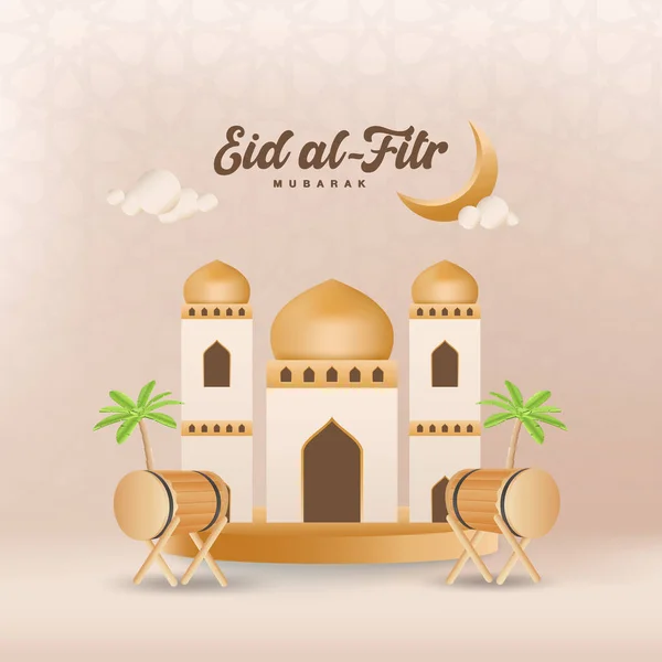 Tarjeta de felicitación Eid al fitr mubarak. tarjeta de felicitación eid mubarak con mezquita y tambores islámicos — Archivo Imágenes Vectoriales