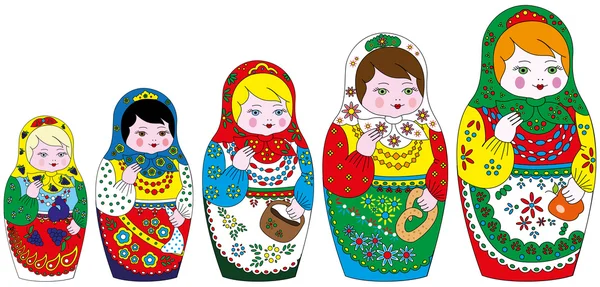 5 Russische traditionele matrioshkas vector set — Stockvector