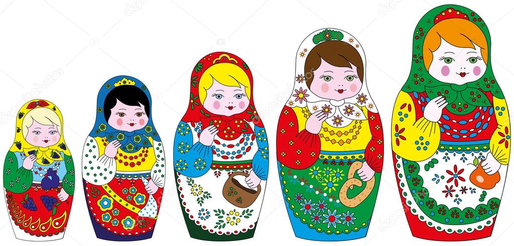 5 russian traditional matrioshkas vector set