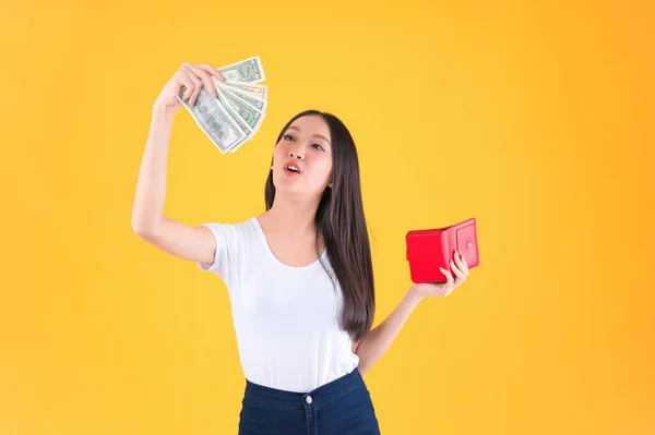happy asian  woman excited holding money banknotes and a wallet cheerful and confident, finance and employment, entrepreneur and money currency payment bill concept.