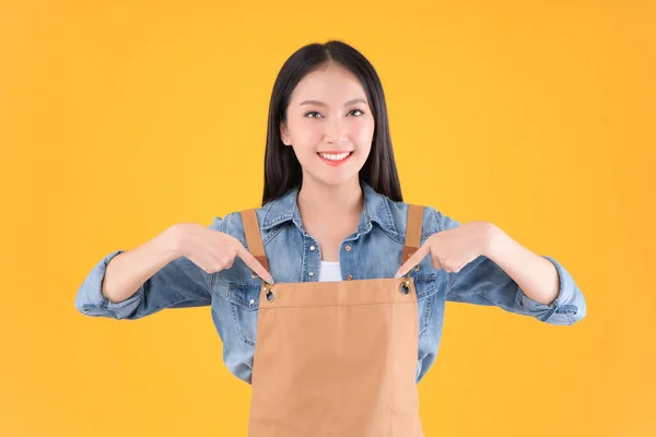 pretty asian female smile in apron freelancer small business and startup concept. asian woman open shop pointing finger with apron yellow background.