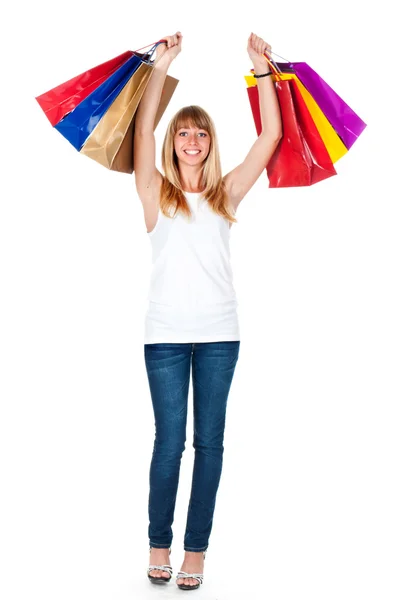 Žena s nákupní taškou izolovaných na bílém pozadí — Stock fotografie