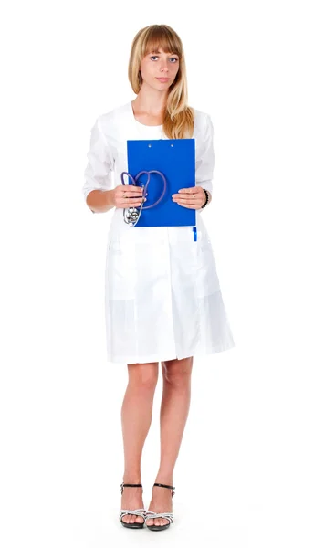 Medico sorridente donna con appunti e stetoscopio — Foto Stock