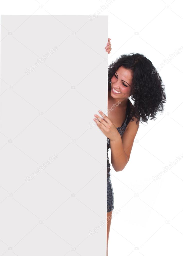 Happy girl holding a white banner