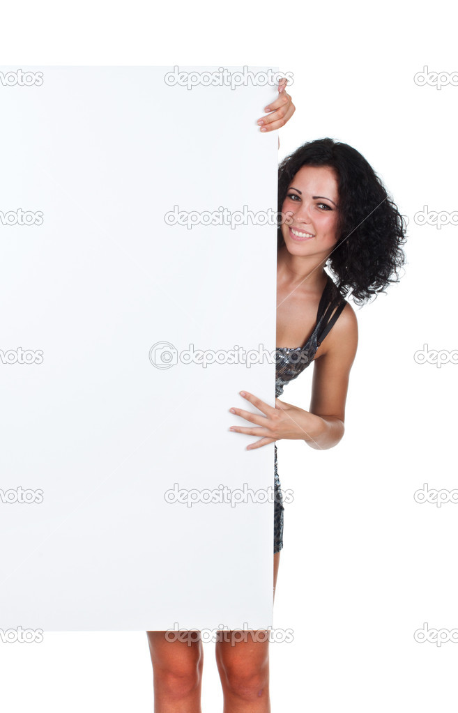Happy woman holding a white banner