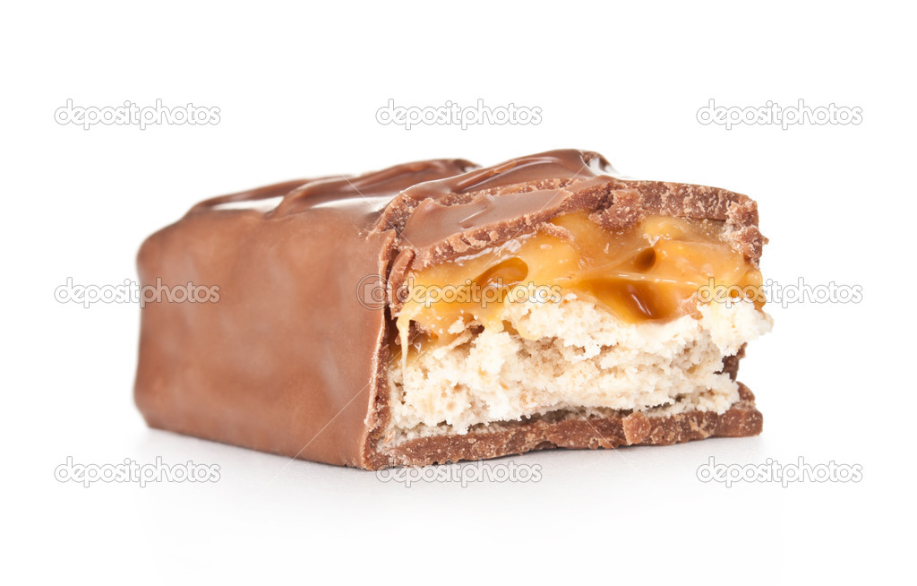 Chocolate bar with caramel on white