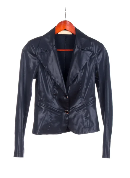 A black leather ladies jacket on a hanger isolated on white — Stock Photo, Image