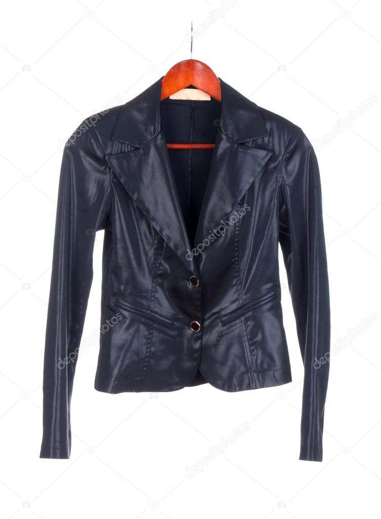 A black leather ladies jacket on a hanger isolated on white