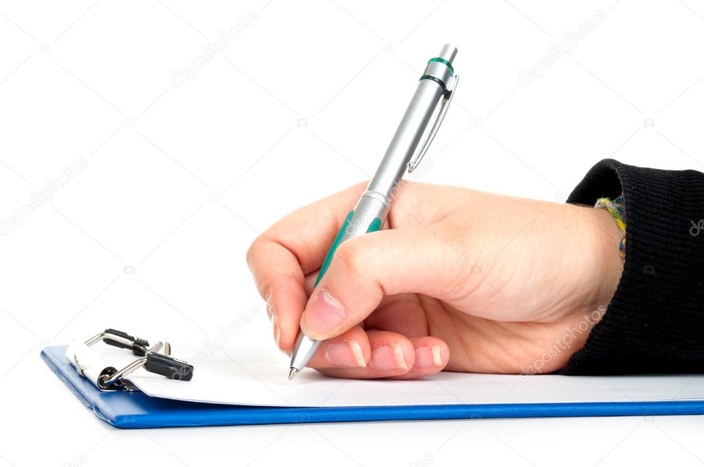 Hand with pen writing on clipboard isolated on white background