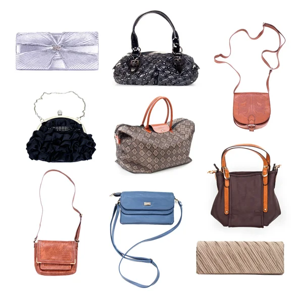 Beyaz bir arka plan üzerinde renkli kadın çanta seti