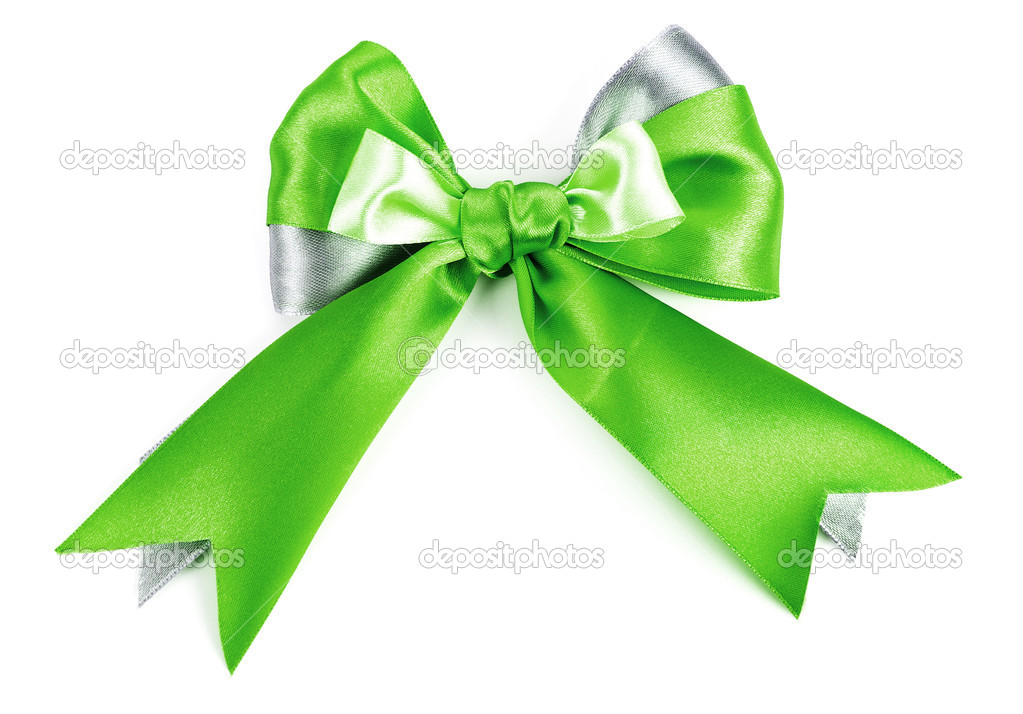 Green gift satin ribbon bow on white background
