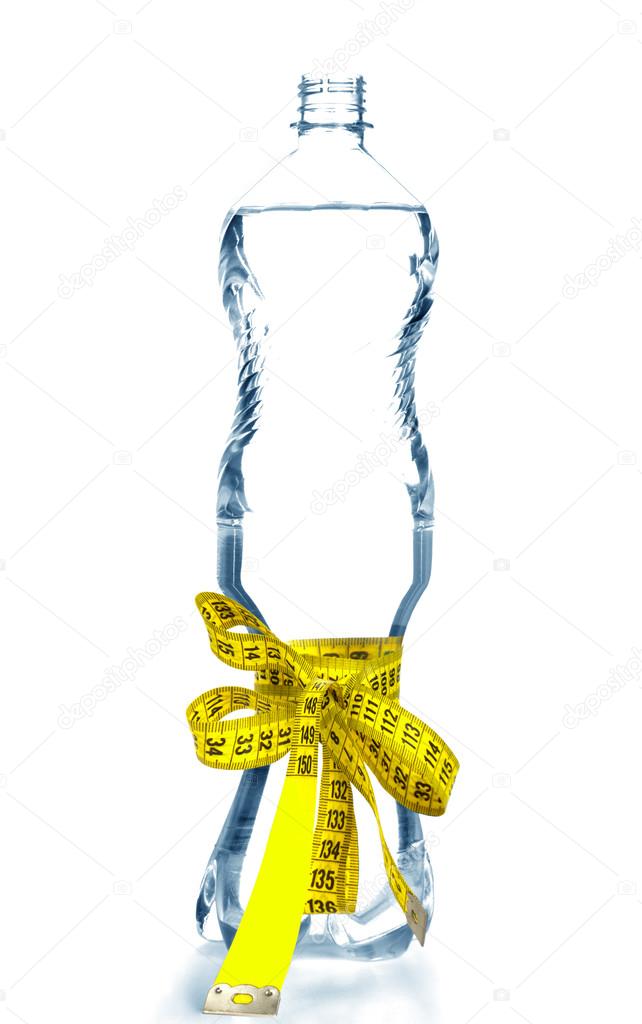 Yellow tape measure and a water bottle isolated on white background