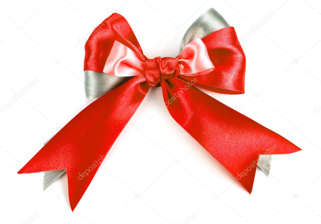 Red gift satin ribbon bow on white background